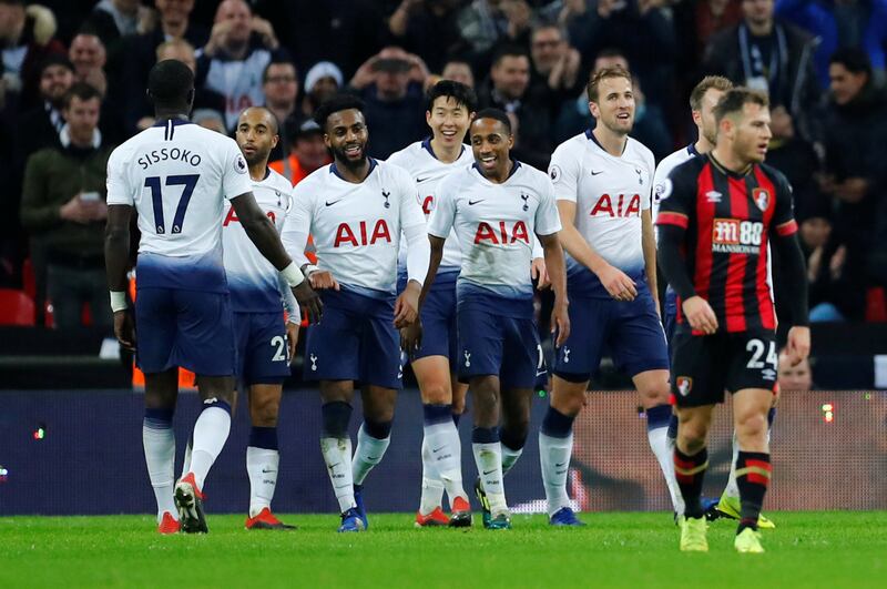 Soccer Football - Premier League - Tottenham Hotspur v AFC Bournemouth - Wembley Stadium, London, Britain - December 26, 2018  Tottenham's Son Heung-min celebrates scoring their fifth goal   REUTERS/Eddie Keogh  EDITORIAL USE ONLY. No use with unauthorized audio, video, data, fixture lists, club/league logos or "live" services. Online in-match use limited to 75 images, no video emulation. No use in betting, games or single club/league/player publications.  Please contact your account representative for further details.