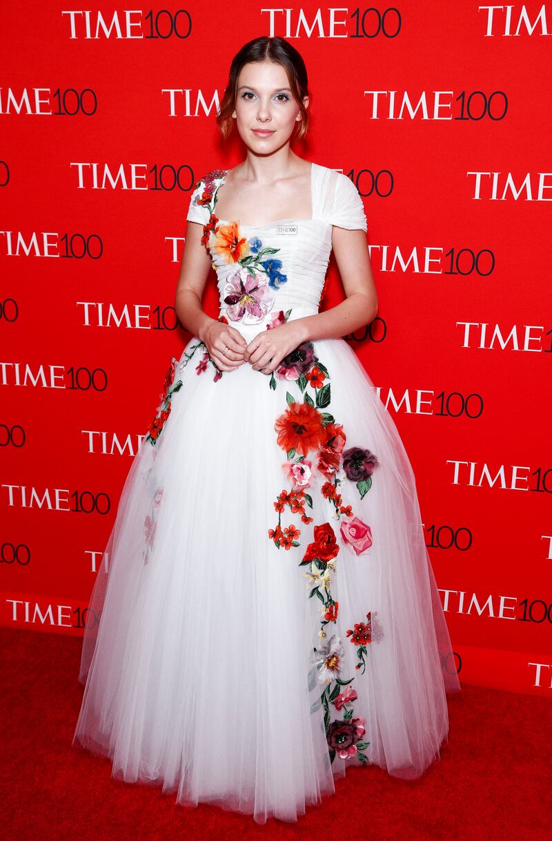 Millie Bobby Brown, wearing floral Dolce & Gabbana, arrives for the Time 100 Gala in New York on April 24, 2018. EPA