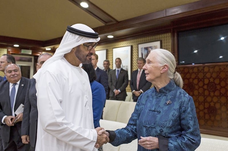 Sheikh Mohammed bin Zayed, who was Crown Prince of Abu Dhabi at the time, thanks Dr Jane Goodall after her lecture at Al Bateen Palace. Ryan Carter / Crown Prince Court