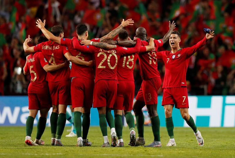 Portugal celebrate at full time after beating Netherlands in the Nations League final. Reuters