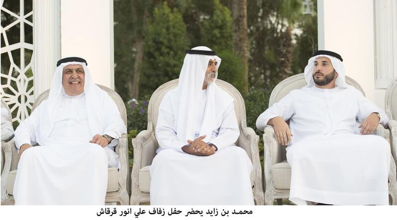 Sheikh Nahyan bin Mubarak, Minister of Culture and Knowledge Development, attends the wedding reception of Ali Anwar Gargash (R). Mohamed Al Suwaidi / Crown Prince Court - Abu Dhabi