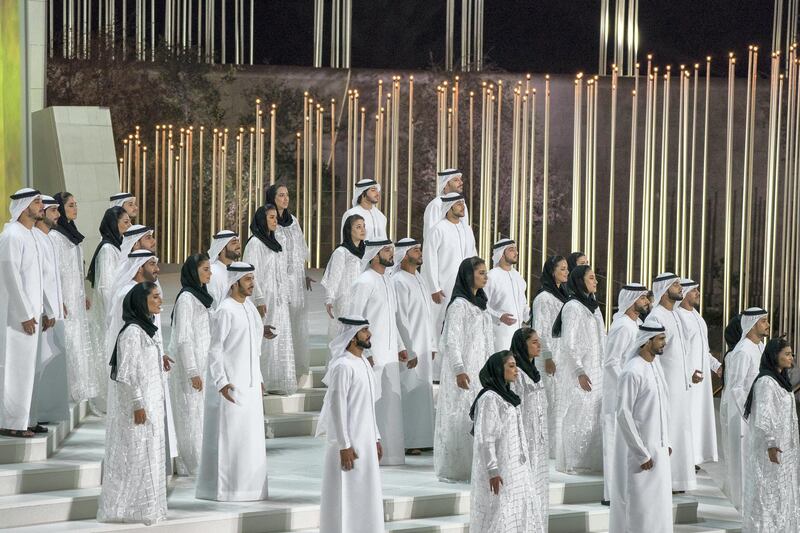 ABU DHABI, UNITED ARAB EMIRATES - February 26, 2018: Performers participate in the opening ceremony of The Founder's Memorial.
( Mohamed Al Hammadi / Crown Prince Court - Abu Dhabi )
---
