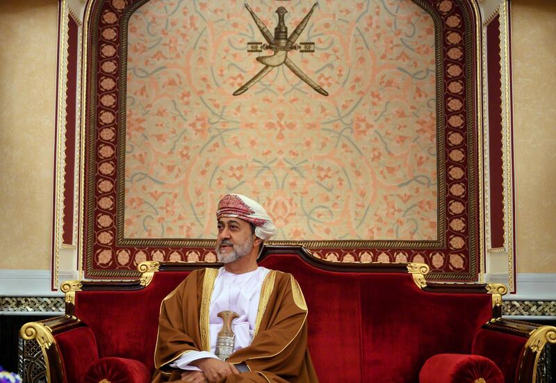 Oman's Sultan Haitham bin Tariq meets with US Secretary of State Mike Pompeo at al-Alam palace in the capital Muscat, Friday Feb. 21, 2020. (Andrew Caballero-Reynolds/Pool via AP)