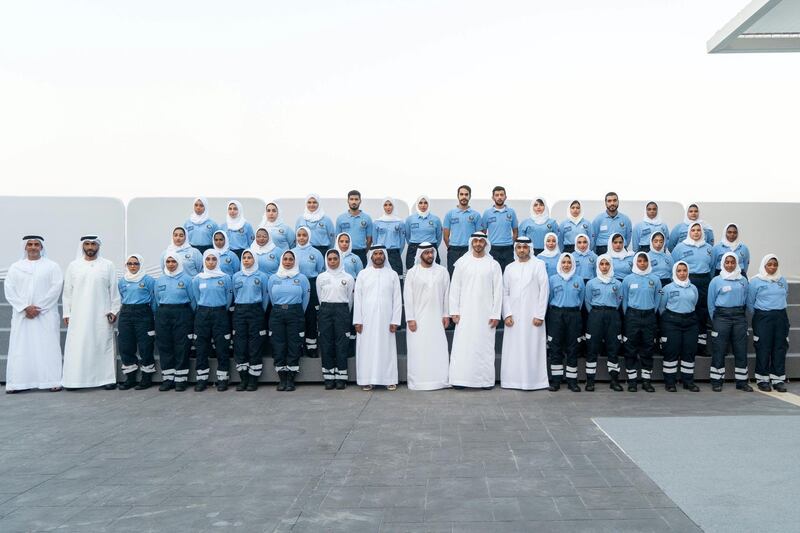 ABU DHABI, UNITED ARAB EMIRATES - October 28, 2019: HH Sheikh Mohamed bin Zayed Al Nahyan, Crown Prince of Abu Dhabi and Deputy Supreme Commander of the UAE Armed Forces (front row 8th R), stands for a photograph with members of Emirati Paramedic Group, during a Sea Palace barza. Seen with HH Sheikh Hamdan bin Zayed Al Nahyan, Ruler’s Representative in Al Dhafra Region (front row 9th R), HH Sheikh Suroor bin Mohamed Al Nahyan (front row 10th R), HH Sheikh Nahyan Bin Zayed Al Nahyan, Chairman of the Board of Trustees of Zayed bin Sultan Al Nahyan Charitable and Humanitarian Foundation (front row 2nd L) and HH Lt General Sheikh Saif bin Zayed Al Nahyan, UAE Deputy Prime Minister and Minister of Interior (front row L).

( Rashed Al Mansoori / Ministry of Presidential Affairs )
---