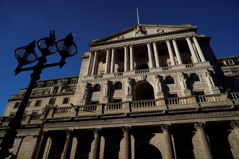A general view is pictured of the Bank of England (BoE) in the City of London on February 5, 2021.        The Bank of England on Thursday projected Britain's economic recovery on the back of the nation's successful vaccines rollout, as it froze interest rates and stimulus. / AFP / Niklas HALLE'N
