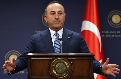 Turkey's Foreign Minister Mevlut Cavusoglu speaks during a joint news conference with Guinea-Bissau Foreign Minister following their meeting in Ankara on October 28, 2019.  / AFP / Adem ALTAN
