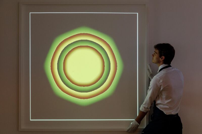 LONDON, ENGLAND - JUNE 04: Kevin McCoyâ€™s Quantum (2014) â€“ the first artwork ever minted â€“ goes on view as part of â€˜Natively Digital: A Curated NFT Saleâ€™ at Sotheby's on June 04, 2021 in London, England. The exhibition is on view until 10 June, when the sale closes for bidding. (Photo by Tristan Fewings/Getty Images for Sotheby's)