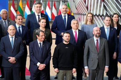 President Zelenskyy wears a United24 sweater for his meeting with European leaders. AP