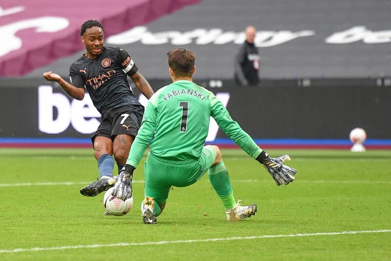 City's Raheem Sterling is through on goal but Hammers goalkeeper Lukasz Fabianski makes the block. AP