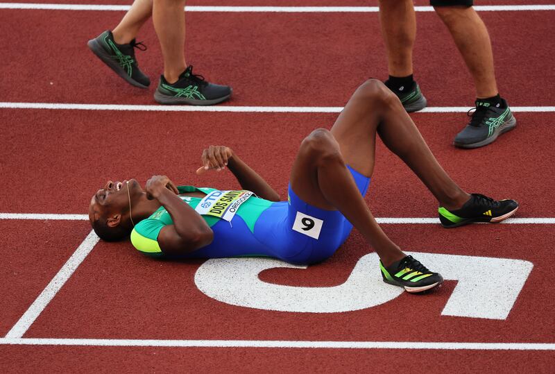 Alison Dos Santosreacts after winning the men's 400m hurdles final at the World Athletics Championships. EPA