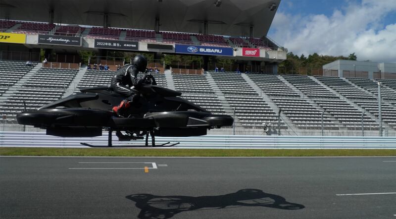 In a video grab from Japanese start-up A.L.I. Technologies, the 'XTurismo Limited Edition' hoverbike is seen during its demonstration at Fuji Speedway in Oyama, Japan. Photo: Reuters