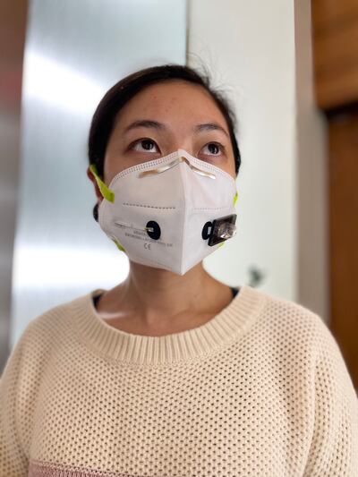 The wearer pushes a button on the mask that releases a small amount of water into the system, activating sensors that provide results within 90 minutes. Courtesy Wyss Institute at Harvard University