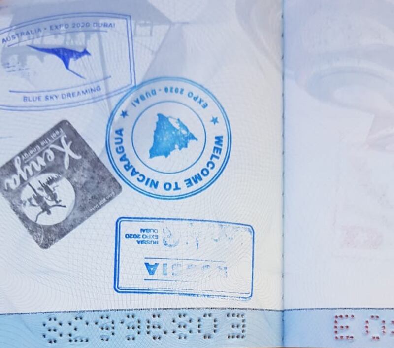 Some of the pavilion stamps in Mr Zaanoun's passport, including those from Russia, Nicaragua and Kenya.