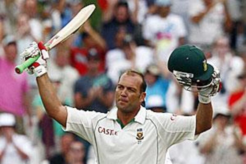 Kallis celebrates scoring his century on the first day of the third test..