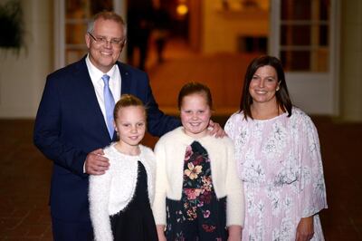 CANBERRA, AUSTRALIA - AUGUST 24:  Australian Prime Minister Scott Morrison poses with his wife Jenny Morrison after being sworn in by Australia's Governor-General Sir Peter Cosgrove as Australia's 30th Prime Minister at Government House on August 24, 2018 in Canberra, Australia. Former Australian Treasurer Scott Morrison won the Liberal party leadership spill against Peter Dutton 45-40 today, securing himself as the 30th Prime Minister of Australia. Morrison is the sixth Prime Minister of Australia in 11 years. (Photo by Martin Ollman/Getty Images)