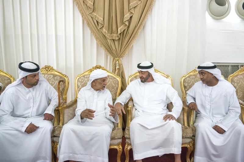 DIBBA, FUJAIRAH, UNITED ARAB EMIRATES - September 16, 2019: HH Sheikh Mohamed bin Zayed Al Nahyan, Crown Prince of Abu Dhabi and Deputy Supreme Commander of the UAE Armed Forces (2nd R), offers condolences to the family of martyr Warrant Officer Ali Abdullah Ahmed Al Dhanhani.

( Hamad Al Kaabi / Ministry of Presidential Affairs )​
---
