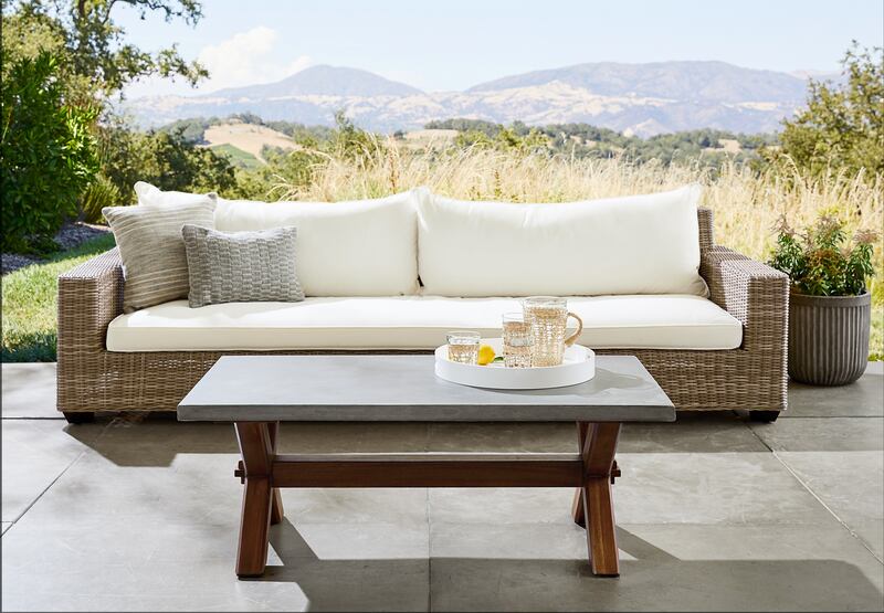 Abbott outdoor coffee table from Pottery Barn; Dh4,200 (down from Dh6,999). Photo: Alshaya Group