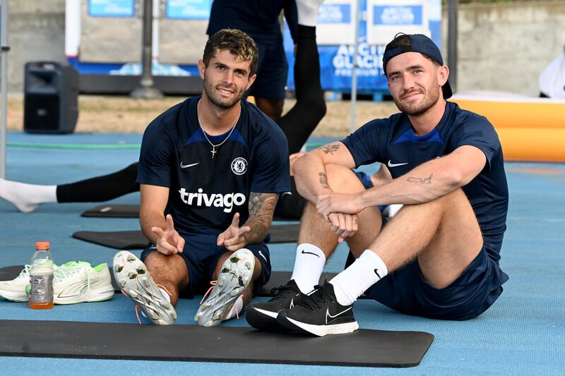 Christian Pulisic and Ben Chilwell of Chelsea relax after the  training session in Los Angeles, California. 