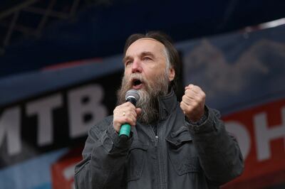 Russian idealogue Alexander Dugin speaks at a rally in support of breakaway parts of Ukraine. Moscow News Agency / Reuters