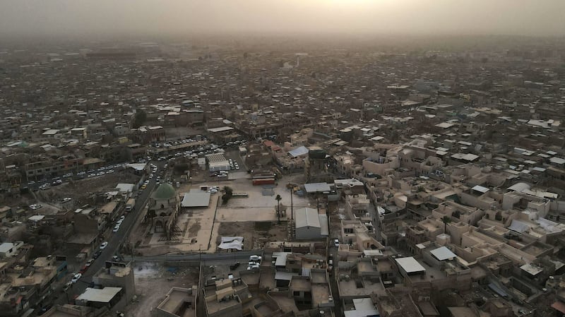 An aerial view of the Al Nuri mosque complex during a dust storm in June 2022. AFP