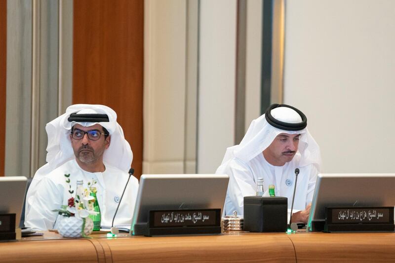 ABU DHABI, UNITED ARAB EMIRATES - November 04, 2018: HH Sheikh Hazza bin Zayed Al Nahyan, Vice Chairman of the Abu Dhabi Executive Council (R) and HH Sheikh Hamed bin Zayed Al Nahyan, Chairman of the Crown Prince Court of Abu Dhabi and Abu Dhabi Executive Council Member (L) attend a Supreme Petroleum Council meeting at the Abu Dhabi National Oil Company (ADNOC) Headquarters.
( Mohamed Al Hammadi / Ministry of Presidential Affairs )
---