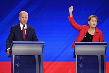 Democratic presidential hopefuls Joe Biden and Elizabeth Warren at the last primary debate. Robyn Beck / AFP