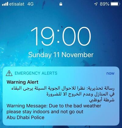 Abu Dhabi Police issue warning message to residents due to heavy rain. 