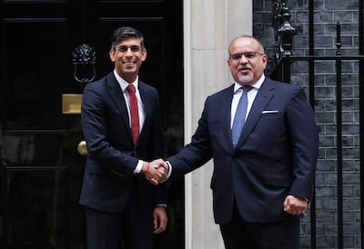 Britain's Prime Minister Rishi Sunak welcomes Bahrain's Prime Minister, Crown Prince Salman bin Hamad, to 10 Downing Street in London on July 3. EPA
