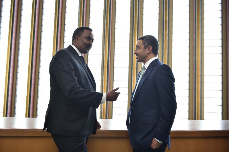 Sheikh Abdullah bin Zayed Al Nahyan, Minister of Foreign Affairs and International Cooperation, with Workneh Gebeyehu, Ethiopia's Minister of Foreign Affairs. WAM