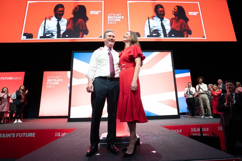 Labour leader Keir Starmer is joined by his wife Victoria after delivering his keynote speech to the Labour Party conference in Liverpool. PA