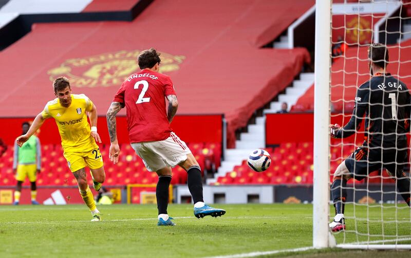 Joe Bryan heads home for Fulham to make it 1-1 at Old Trafford. PA