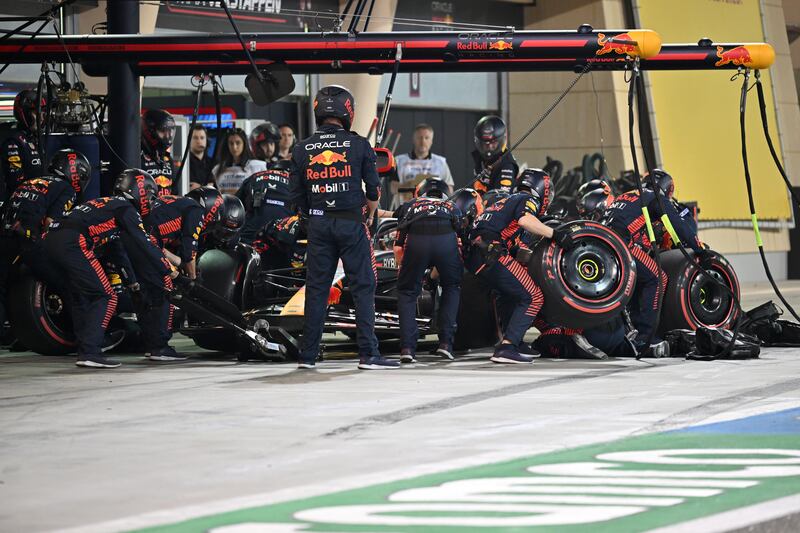 Max Verstappen during a pit stop in Bahrain on Sunday. EPA