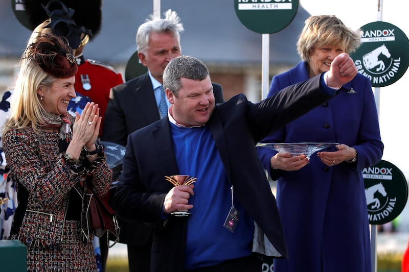 FILE PHOTO: Horse Racing - Grand National Festival - Aintree Racecourse, Liverpool, Britain - April 6, 2019   Trainer Gordon Elliott celebrates with a trophy after the 5.15 Randox Health Grand National Handicap Chase   Action Images via Reuters/Paul Childs/File Photo