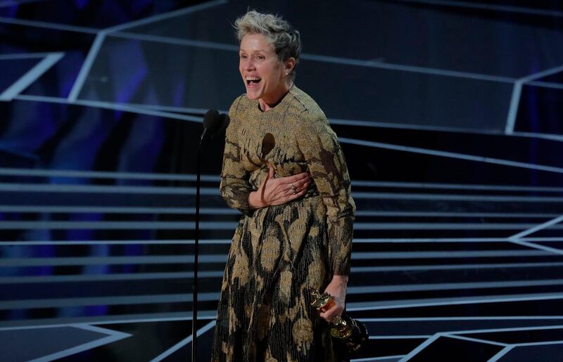 Frances McDormand accepts the Best Actress Oscar for her performance in 'Three Billboards Outside Ebbing, Missouri.' Lucas Jackson / Reuters