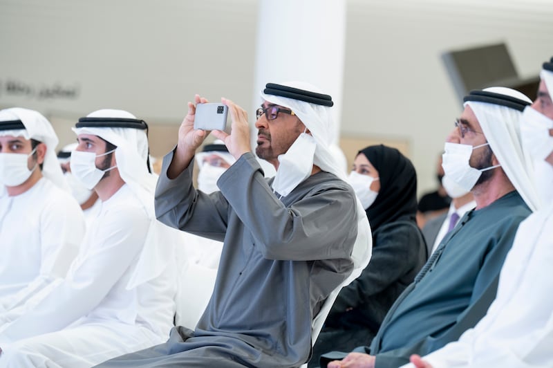 Sheikh Mohamed, centre, at the 'Eitihad Rail' announcement.