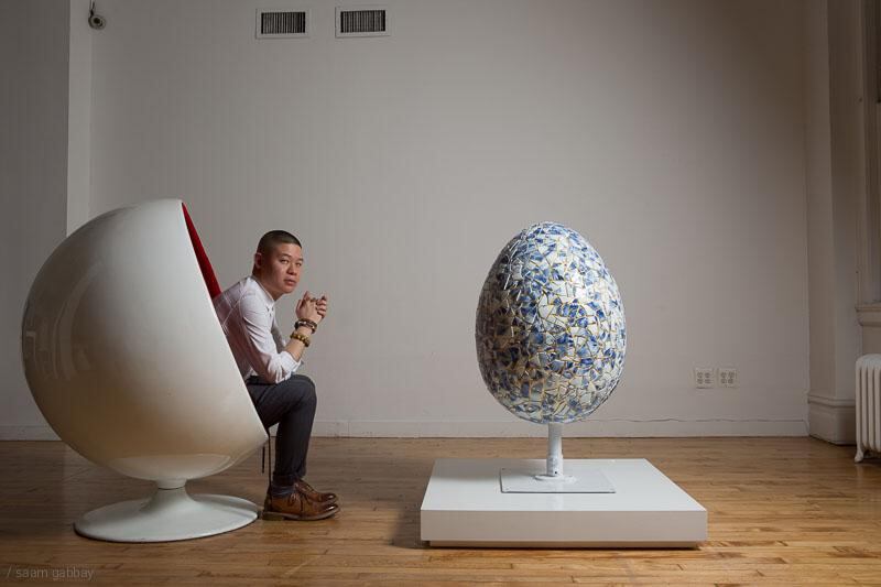 Jonathan Koon with the Faberge egg he created