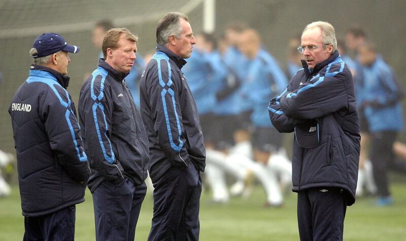 HEXHAM, ENGLAND - MARCH 29:  (L-R)  Tord Grip, Steve McClaren, Ray Clemence and Sven Goran Eriksson of England try to keep warm during the team's training session at Slayley Hall near Slayley, on March 29, 2005 in Hexham, England.  (Photo by Ross Kinnaird/Getty Images) 
