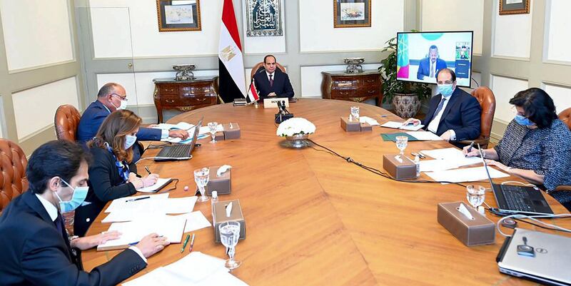 Egyptian President Abdel Fatah El Sisi attends the video conference summit regarding the Renaisance dam.