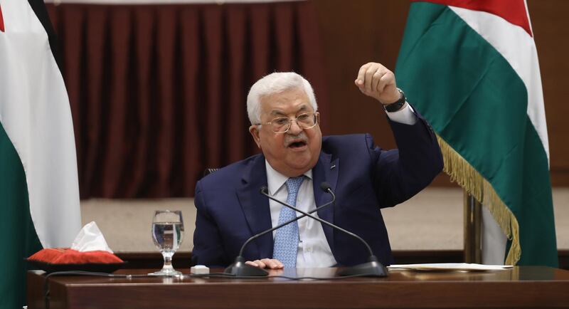 Palestinian President Mahmoud Abbas heads a leadership meeting at his headquarters, in the West Bank city of Ramallah.  EPA