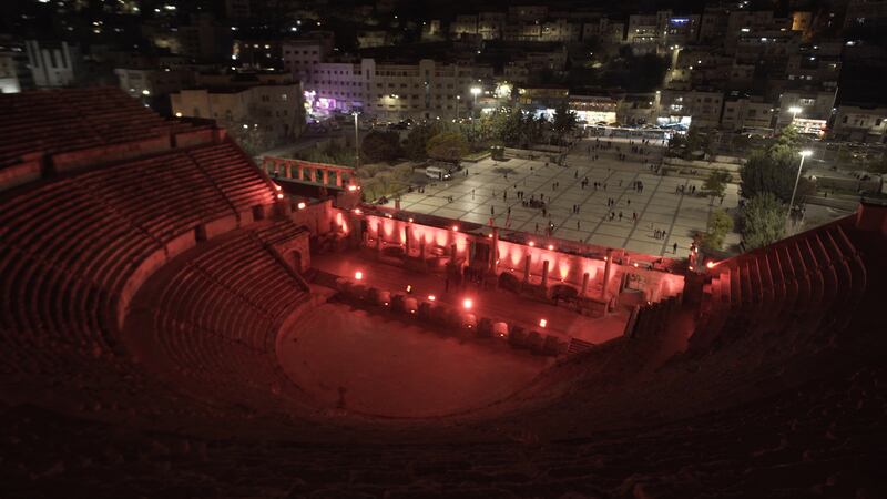 Jordan landmark lit in red.