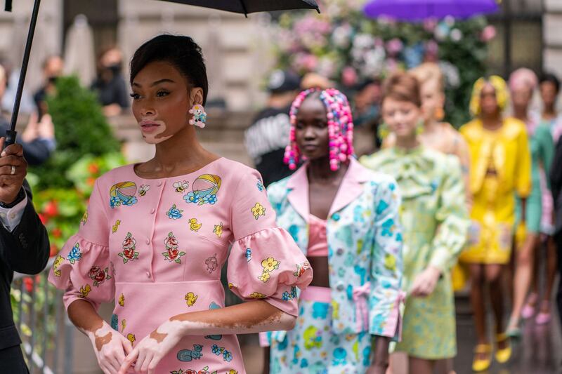 Model Winnie Harlow is seen walking to the runway at the Moschino by Jeremy Scott Spring Summer 2022 fashion show during New York Fashion Week at Bryant Park in New York City.  AFP