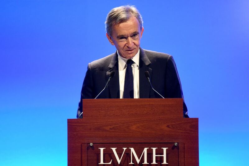 French luxury group LVMH Chairman and Chief Executive Officer Bernard Arnault presents the group's annual results for 2018 at the LVMH headquarters in Paris, on January 29, 2019. (Photo by ERIC PIERMONT / AFP)