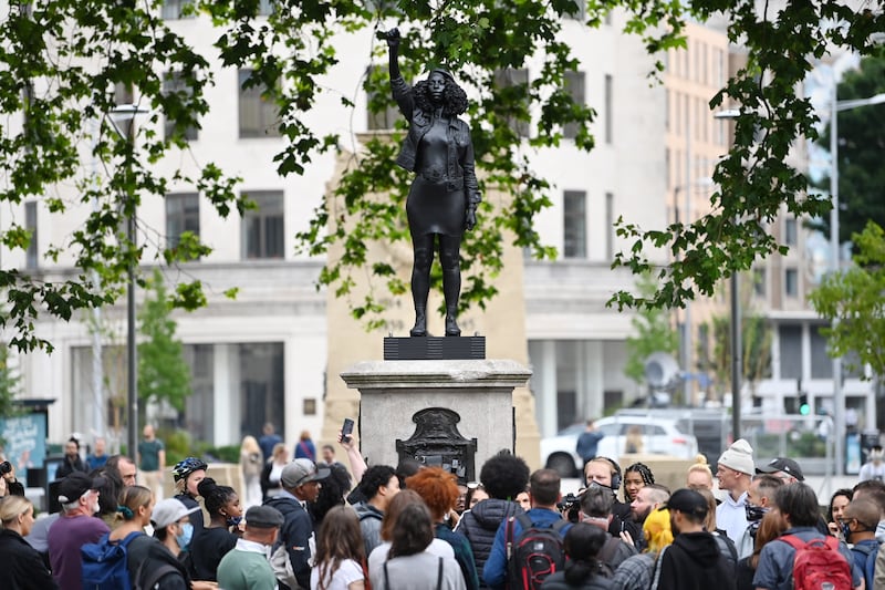 A sculpture by local artist Marc Quinn of Black Lives Matter protester Jen Reid on the plinth where the Edward Colston statue used to stand, in 2020