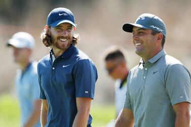 ROME, ITALY - SEPTEMBER 02: Tommy Fleetwood of England speaks to Edoardo Molinari of Italy on the 9th hole during Day One of The Italian Open at Marco Simone Golf Club on September 02, 2021 in Rome, Italy. (Photo by Luke Walker / Getty Images)