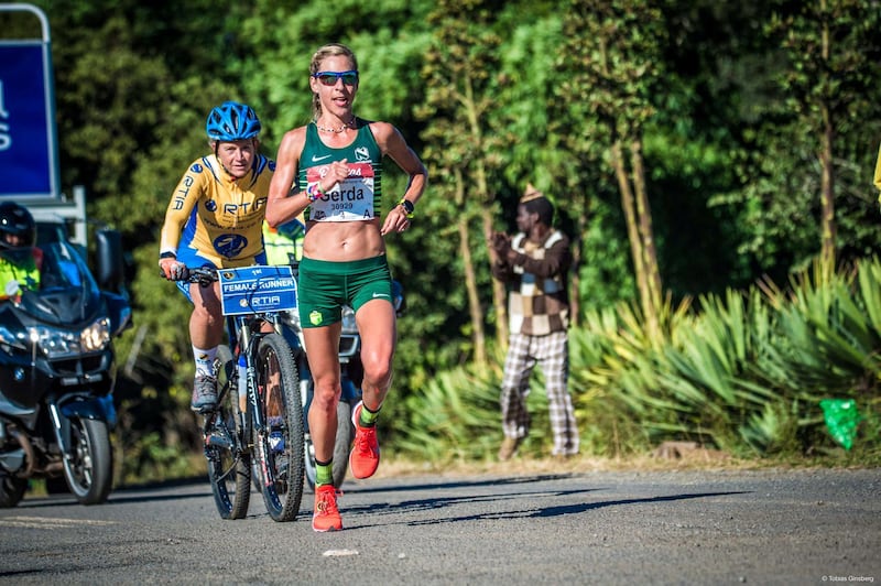 Gerda Steyn set the Comrades Marathon record in 2019, becoming the first woman to complete it in under six hours. Courtesy Tobias Ginsberg 