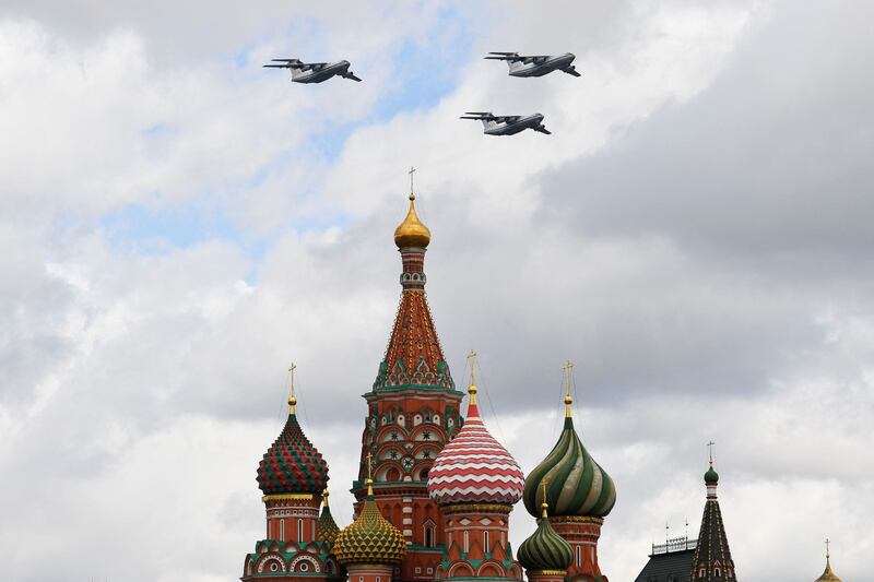 Russian Ilyushin IL-76MD military transport planes fly over Red Square during a rehearsal for a flypast as part of the victory parade. AFP