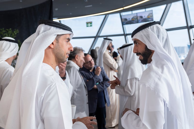 Sheikh Khaled bin Zayed, chairman of the Board of Zayed Higher Organisation for Humanitarian Care and Special Needs, left, and Sheikh Mubarak bin Nahyan in Shams Tower. Photo: Ryan Carter / UAE Presidential Court