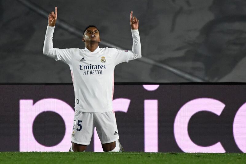 Real Madrid's Brazilian forward Rodrygo celebrates his goal during the UEFA Champions League group B football match between Real Madrid and Inter Milan at the Alfredo di Stefano stadium in Valdebebas, on the outskirts of Madrid, on November 3, 2020. (Photo by PIERRE-PHILIPPE MARCOU / AFP)