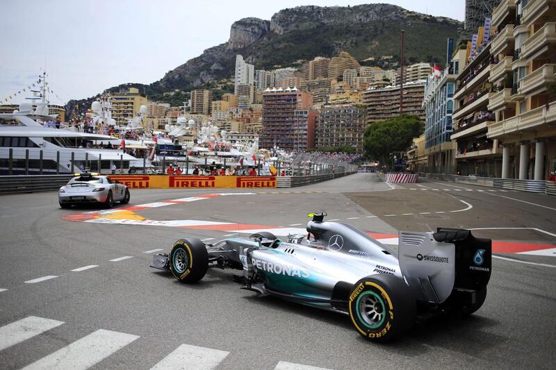 Mercedes driver Nico Rosberg follows the safety car during Sunday's Monaco Grand Prix/ Alexander Klein / AFP
