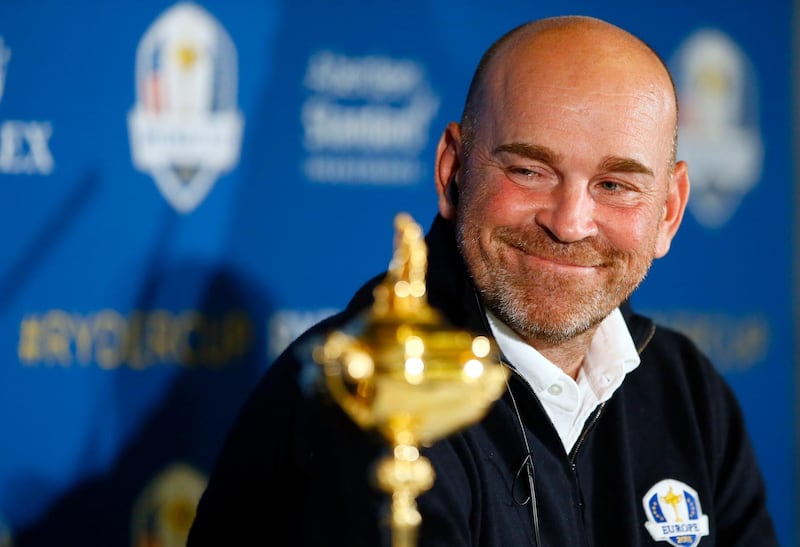 Europe's Ryder Cup captain Thomas Bjorn, right, takes part in a 2018 Ryder Cup media conference with US Ryder Cup captain, Jim Furyk in Paris, France, Tuesday Oct. 17, 2017. The 42nd Ryder Cup Matches will be held in France from 28-30 September 2018 at the Albatros Course of Le Golf National near Paris. (AP Photo/Francois Mori)